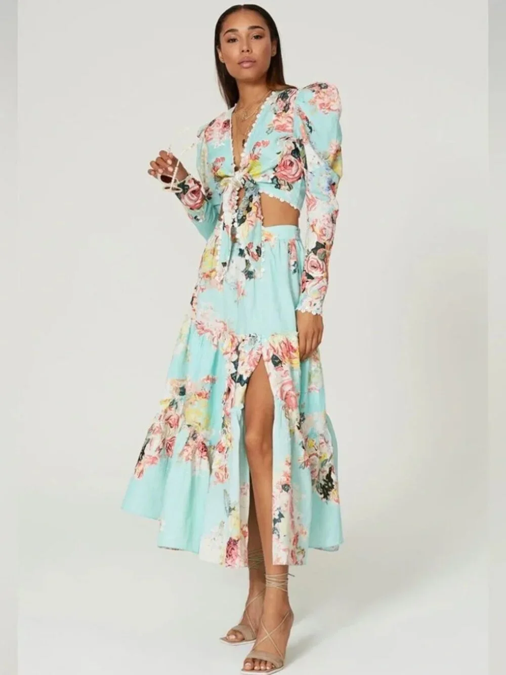 HEMANT & NANDITA SAGE Midi SKIRT Floral w/ embroidery tiered ruffle turquoise LG